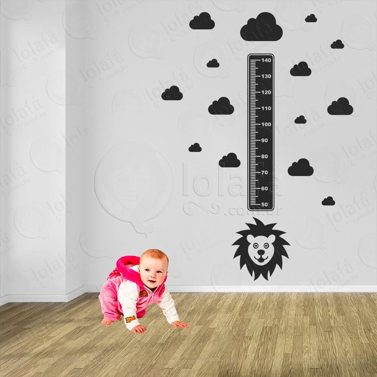 leão e nuvens adesivo régua de crescimento infantil, medidor de altura para quarto, porta e parede - mod:108
