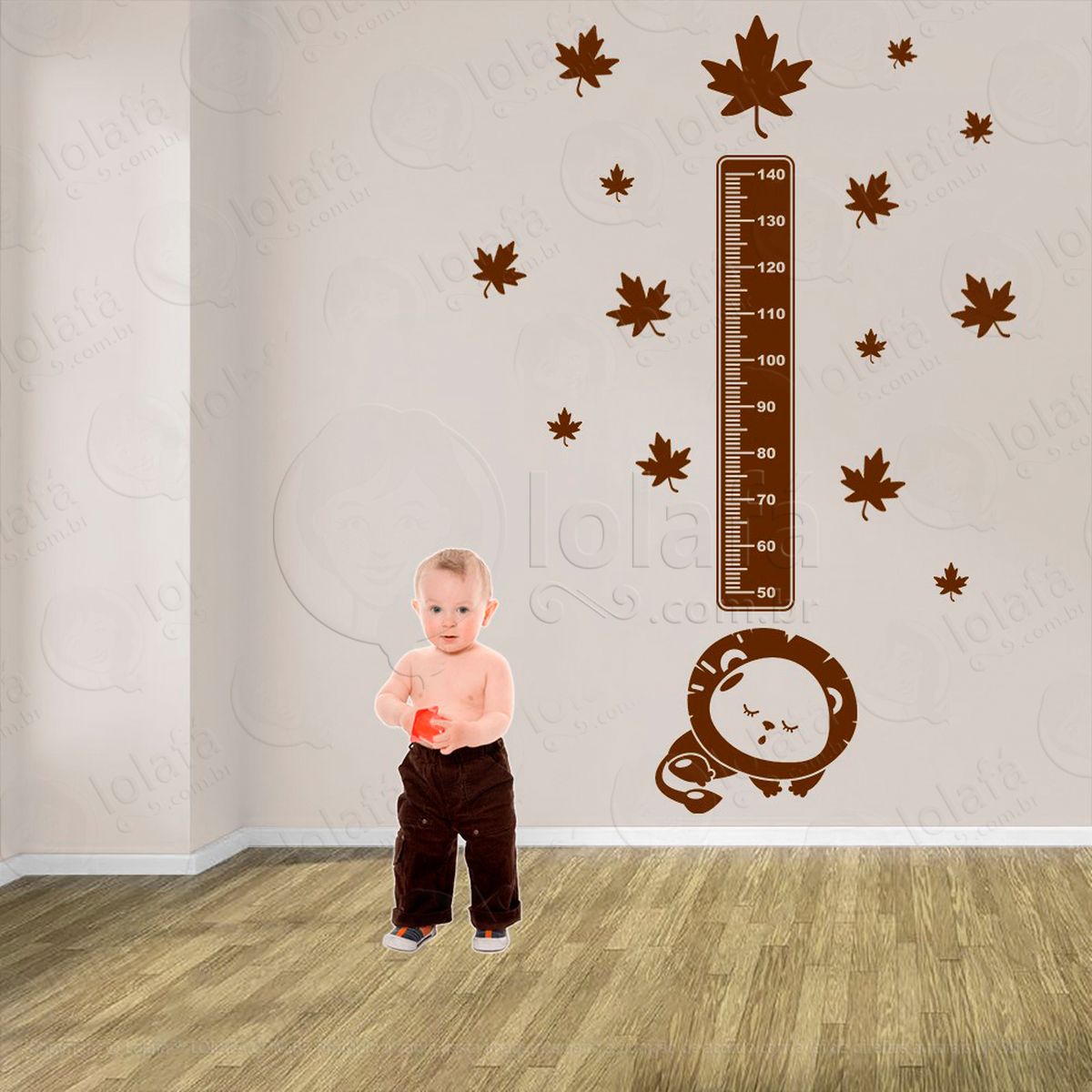 leão e folhas adesivo régua de crescimento infantil, medidor de altura para quarto, porta e parede - mod:109