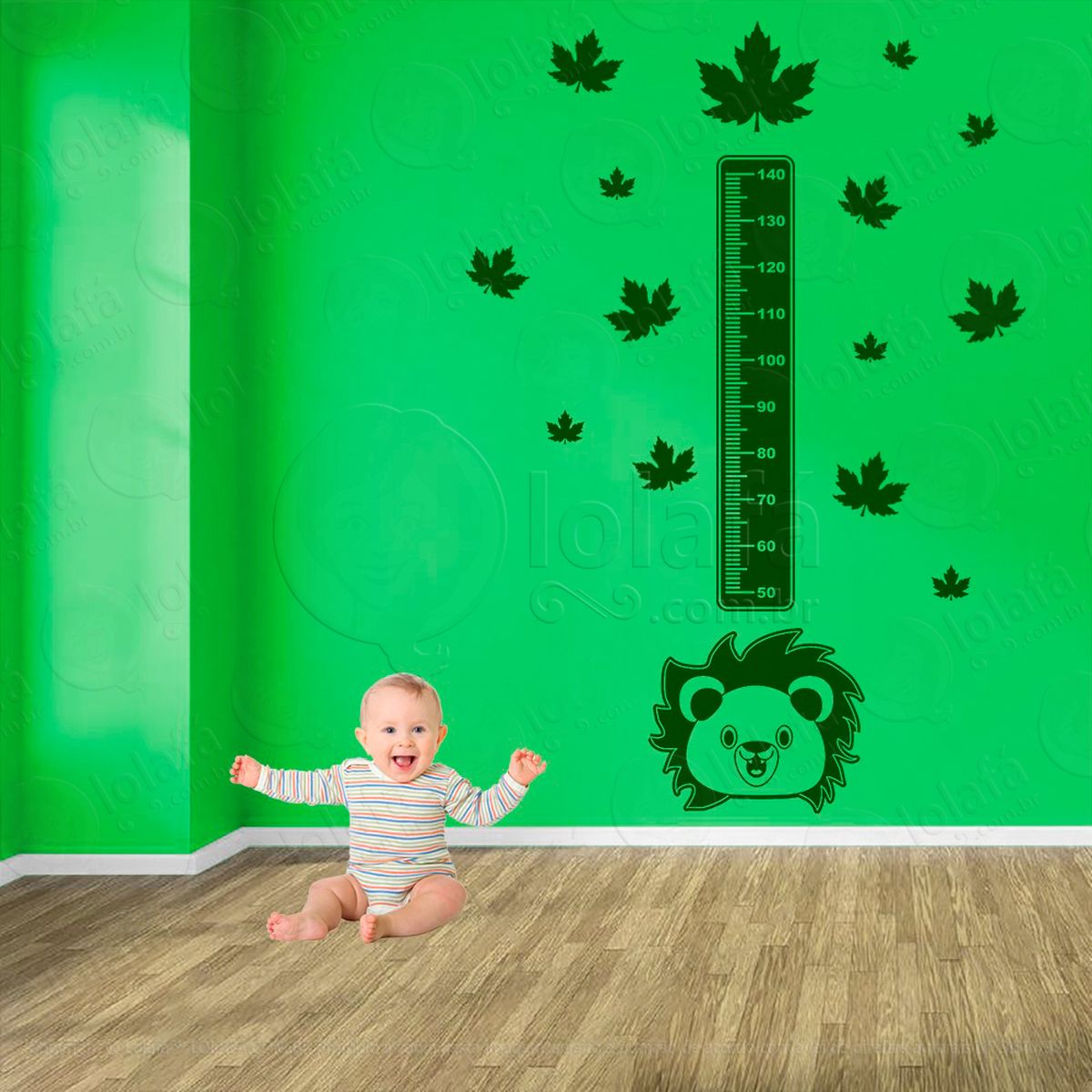 leão e folhas adesivo régua de crescimento infantil, medidor de altura para quarto, porta e parede - mod:111