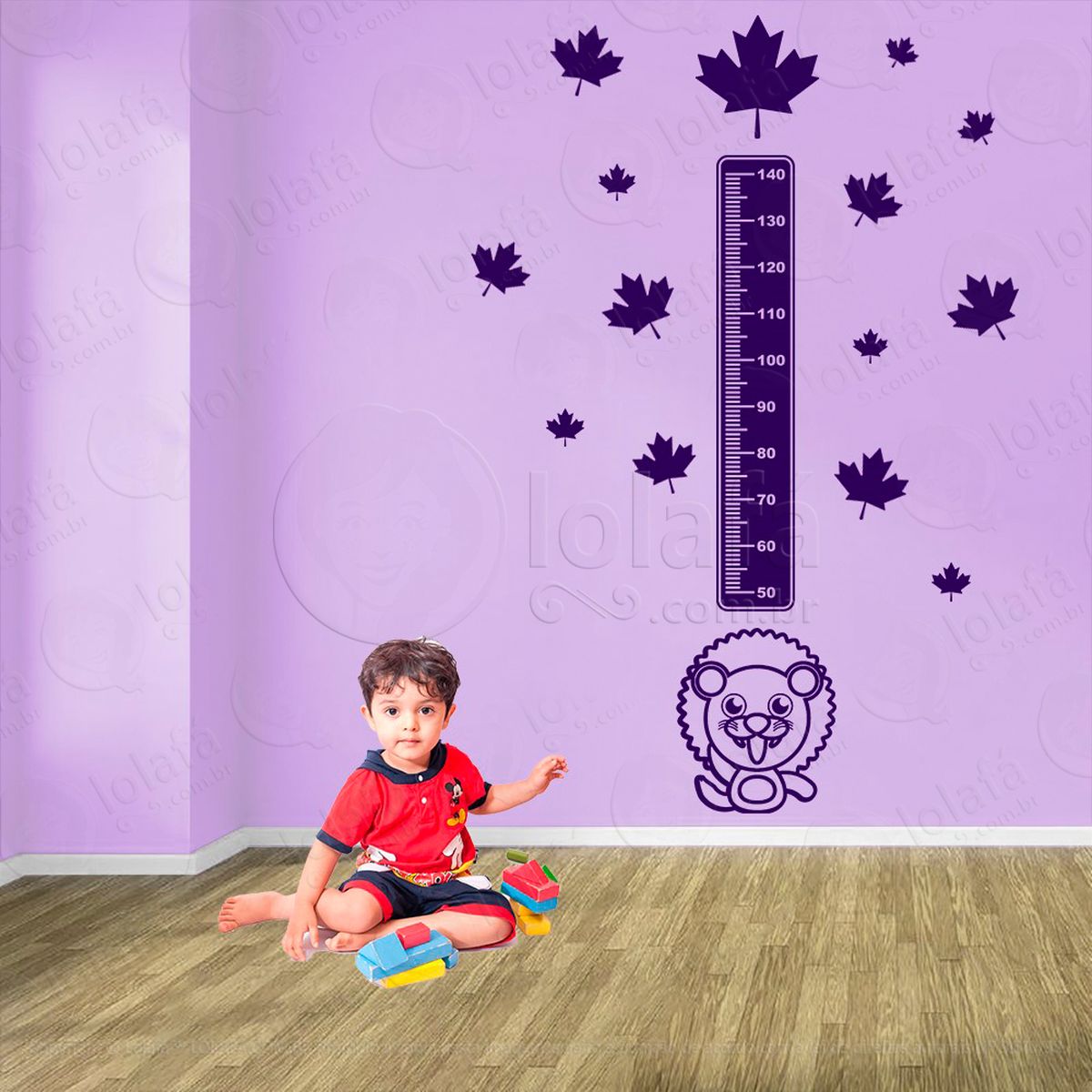 leão e folhas adesivo régua de crescimento infantil, medidor de altura para quarto, porta e parede - mod:113