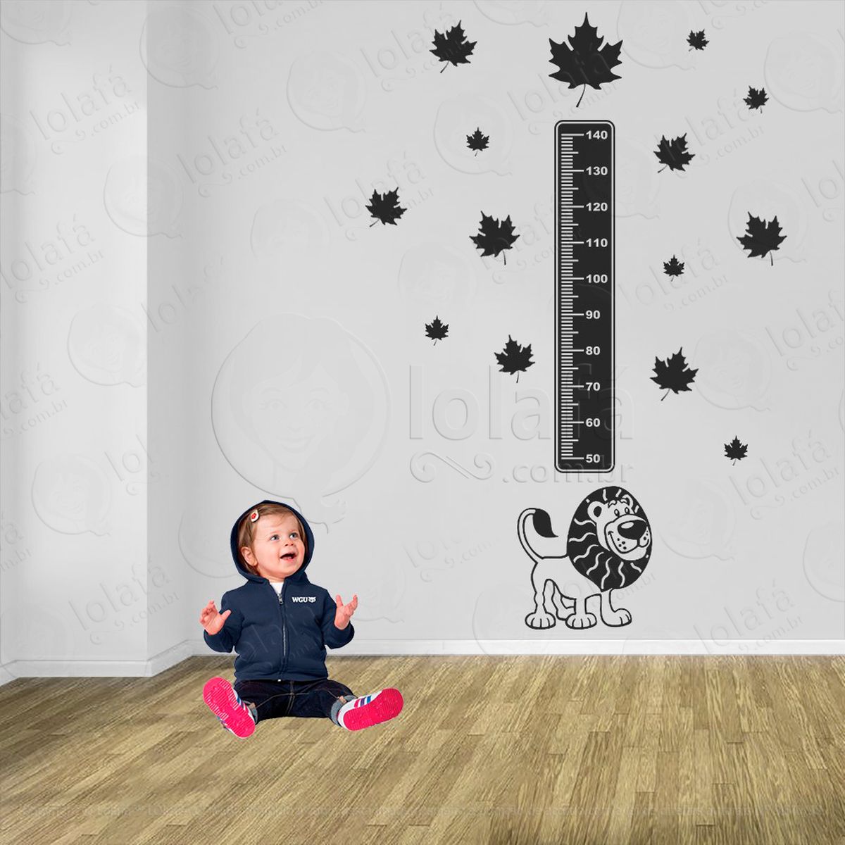 leão e folhas adesivo régua de crescimento infantil, medidor de altura para quarto, porta e parede - mod:115