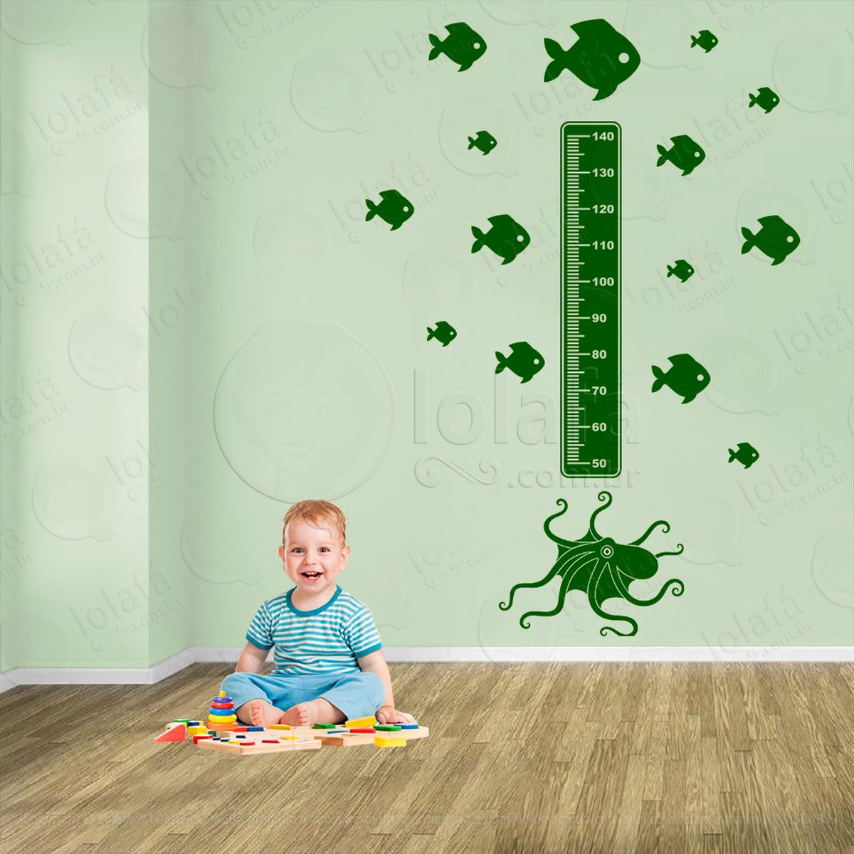 polvo e peixes adesivo régua de crescimento infantil, medidor de altura para quarto, porta e parede - mod:118