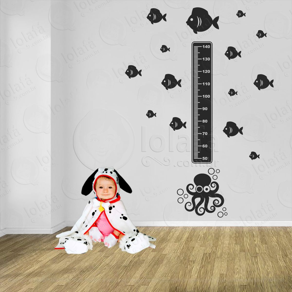 polvo e peixes adesivo régua de crescimento infantil, medidor de altura para quarto, porta e parede - mod:125