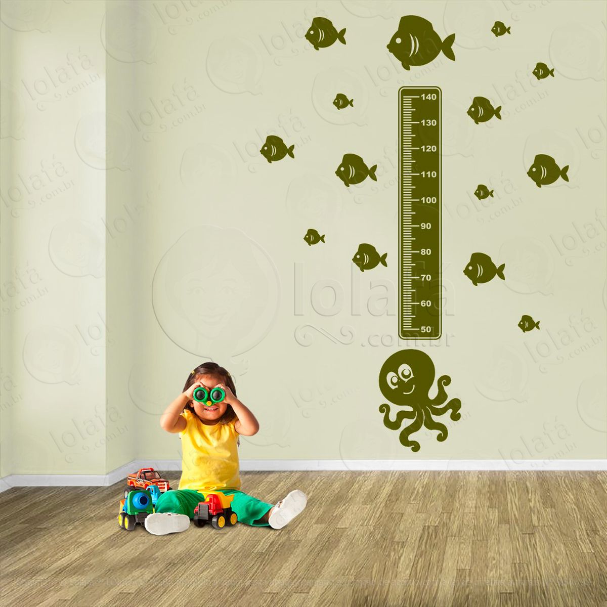 polvo e peixes adesivo régua de crescimento infantil, medidor de altura para quarto, porta e parede - mod:131