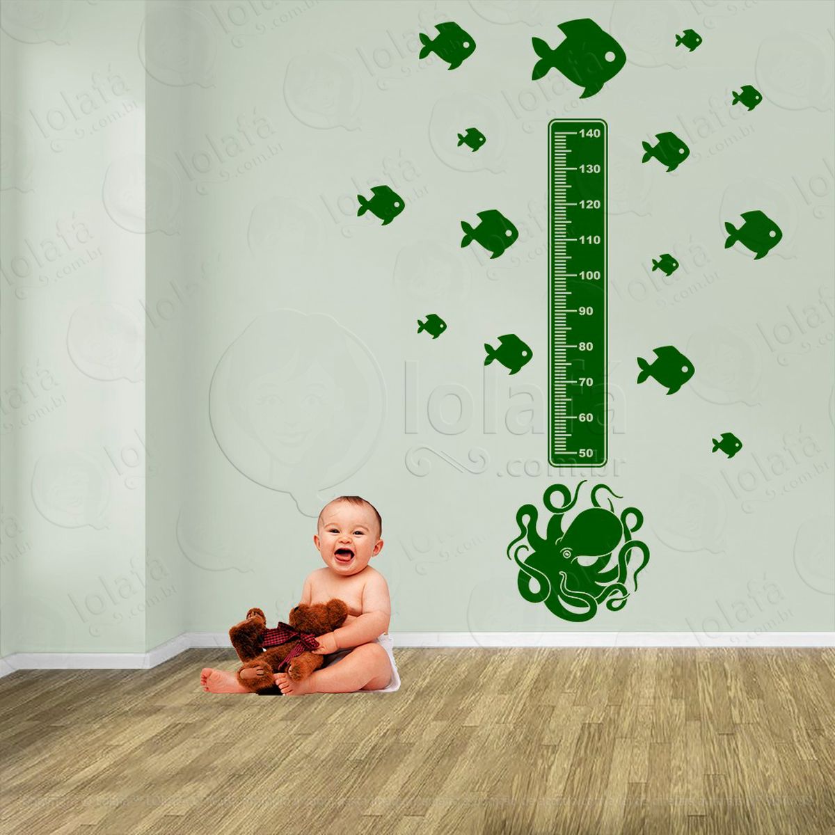 polvo e peixes adesivo régua de crescimento infantil, medidor de altura para quarto, porta e parede - mod:133
