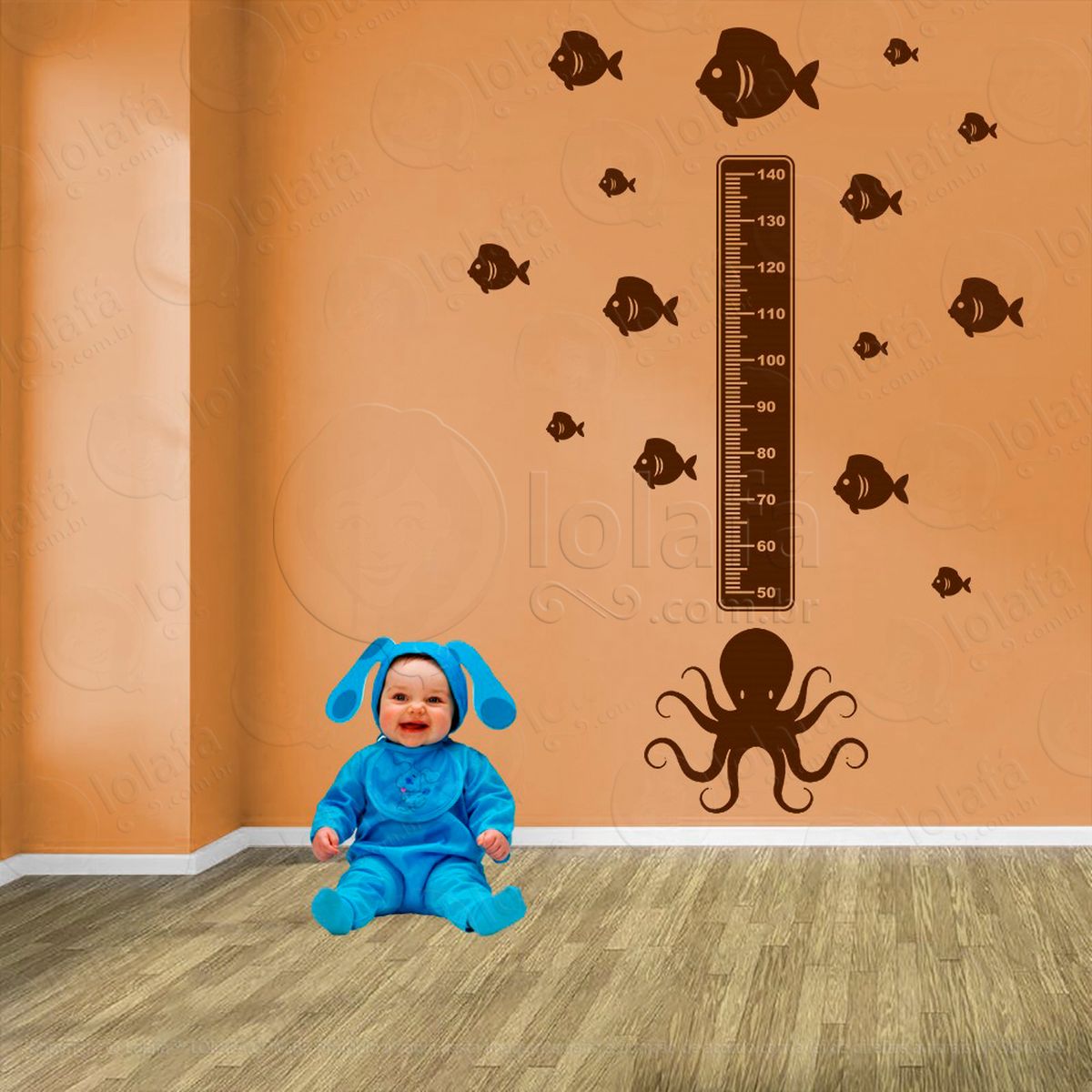polvo e peixes adesivo régua de crescimento infantil, medidor de altura para quarto, porta e parede - mod:140