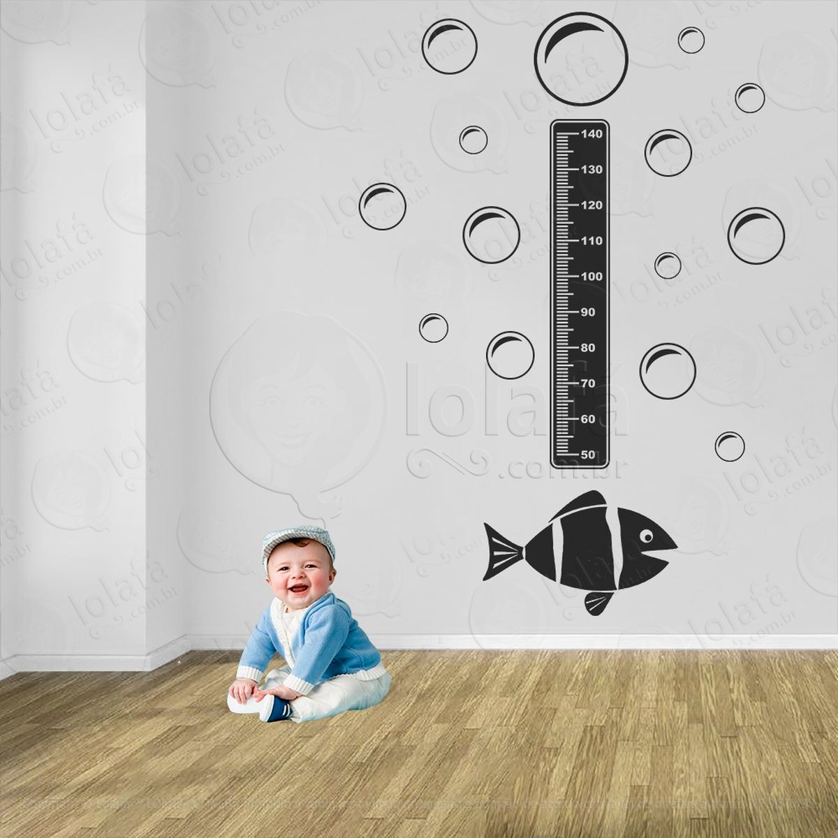 peixe e bolhas adesivo régua de crescimento infantil, medidor de altura para quarto, porta e parede - mod:148
