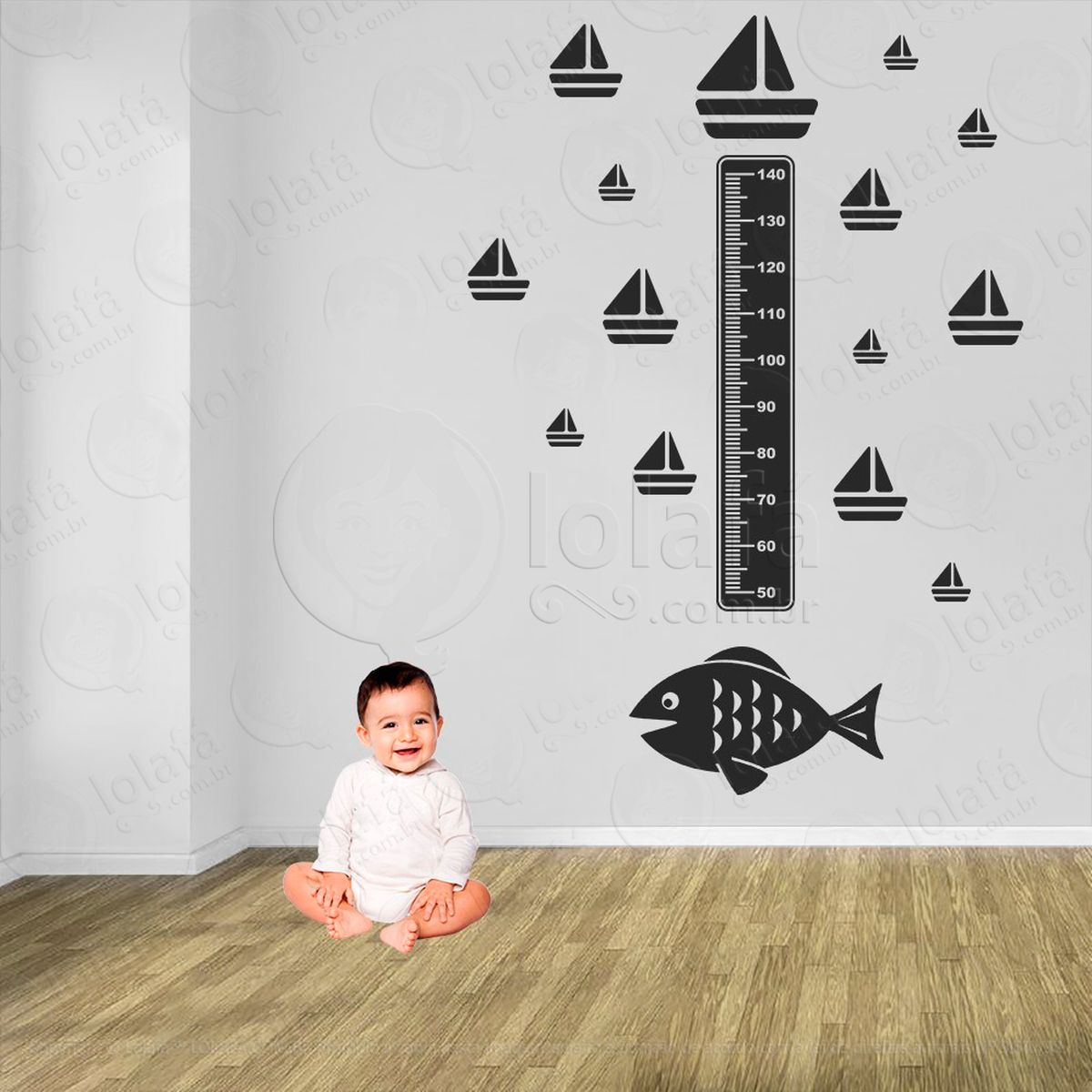 peixe e barcos adesivo régua de crescimento infantil, medidor de altura para quarto, porta e parede - mod:149