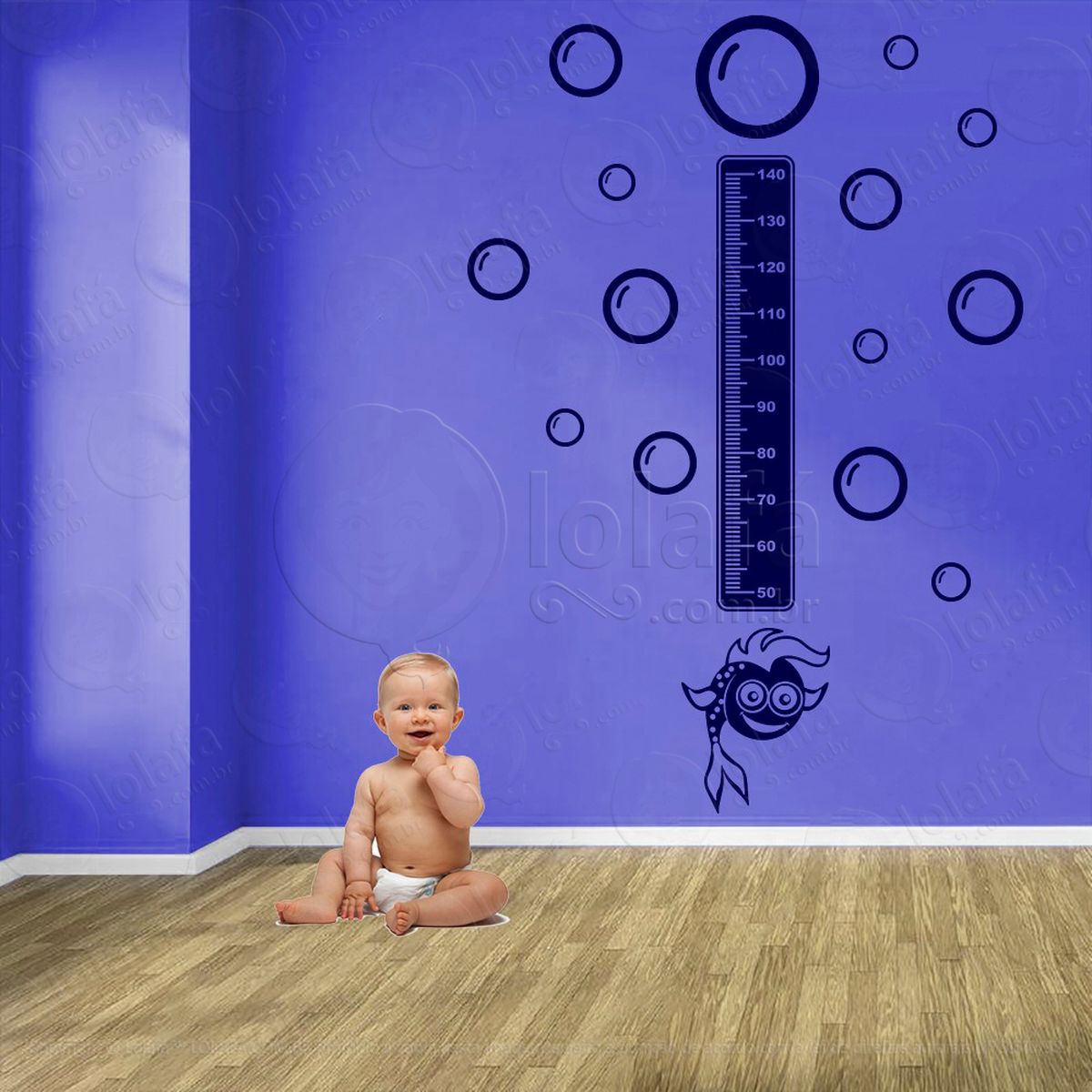 peixe e bolhas adesivo régua de crescimento infantil, medidor de altura para quarto, porta e parede - mod:151