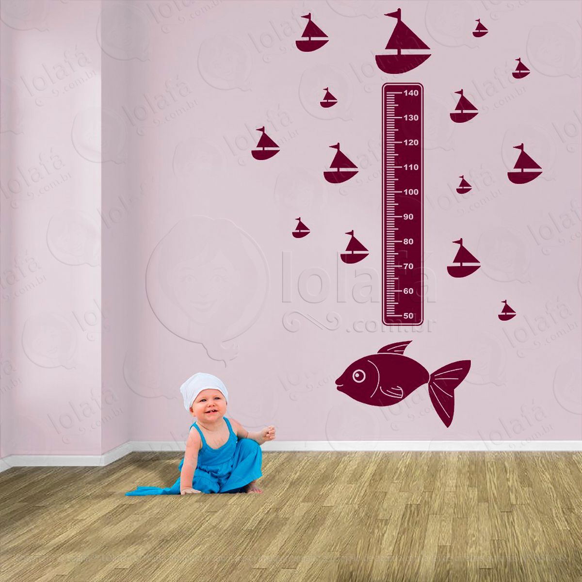 peixe e barcos adesivo régua de crescimento infantil, medidor de altura para quarto, porta e parede - mod:152