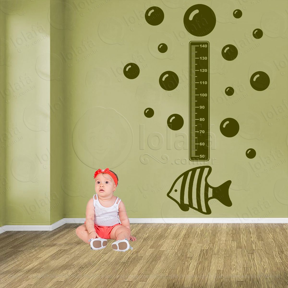 peixe e bolhas adesivo régua de crescimento infantil, medidor de altura para quarto, porta e parede - mod:157