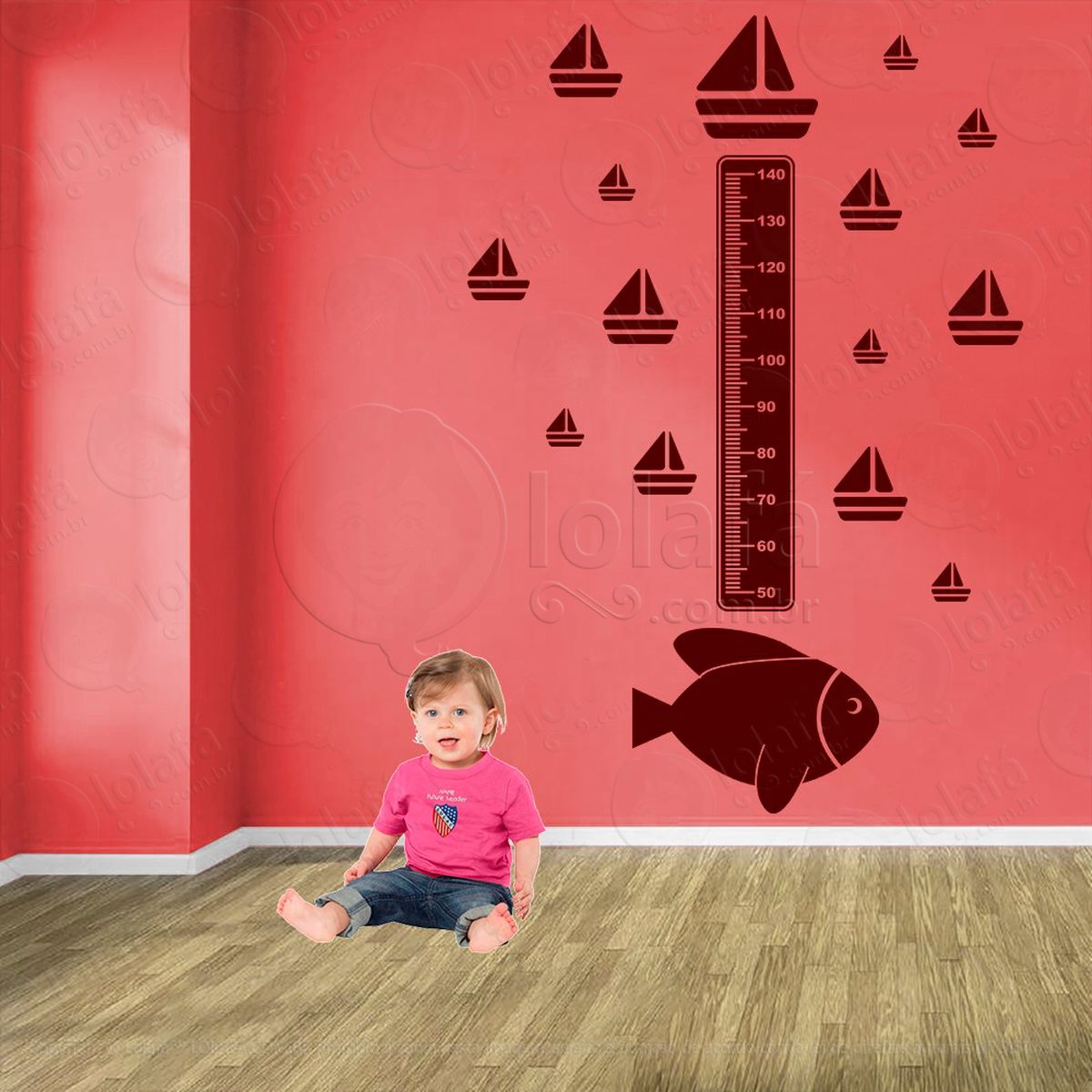 peixe e barcos adesivo régua de crescimento infantil, medidor de altura para quarto, porta e parede - mod:158