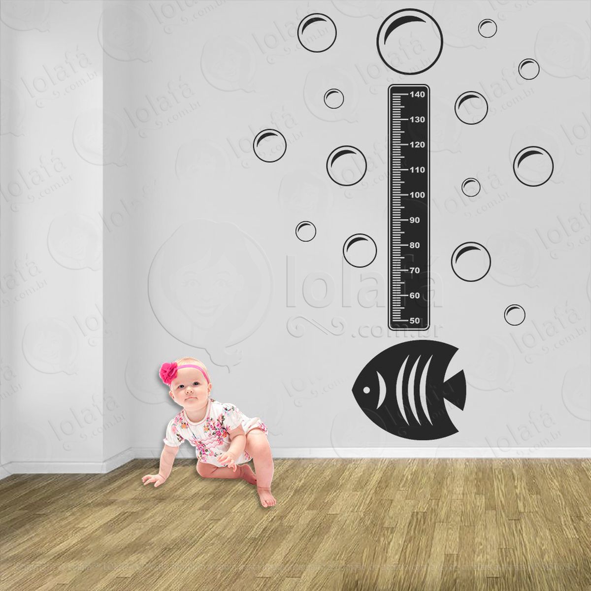 peixe e bolhas adesivo régua de crescimento infantil, medidor de altura para quarto, porta e parede - mod:160