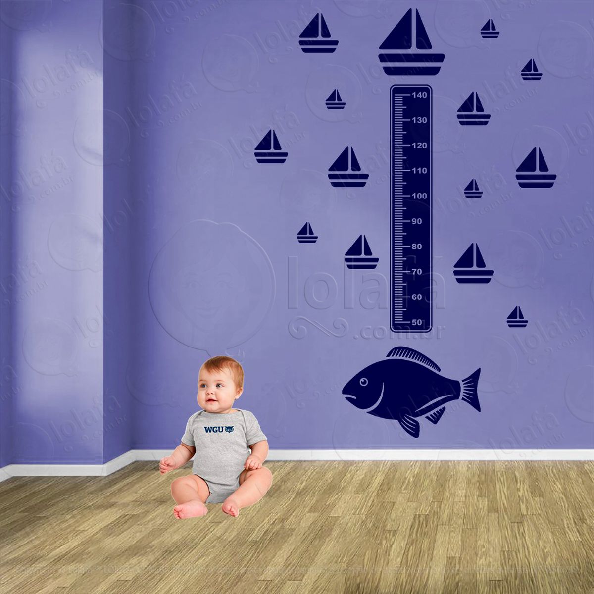 peixe e barcos adesivo régua de crescimento infantil, medidor de altura para quarto, porta e parede - mod:161