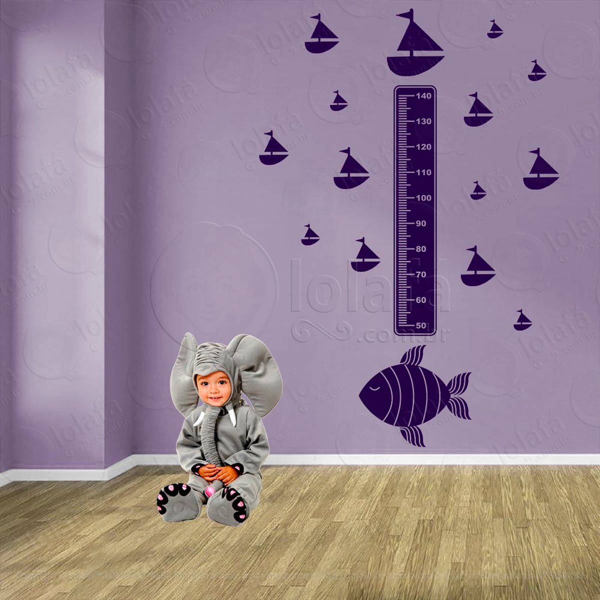 peixe e barcos adesivo régua de crescimento infantil, medidor de altura para quarto, porta e parede - mod:164