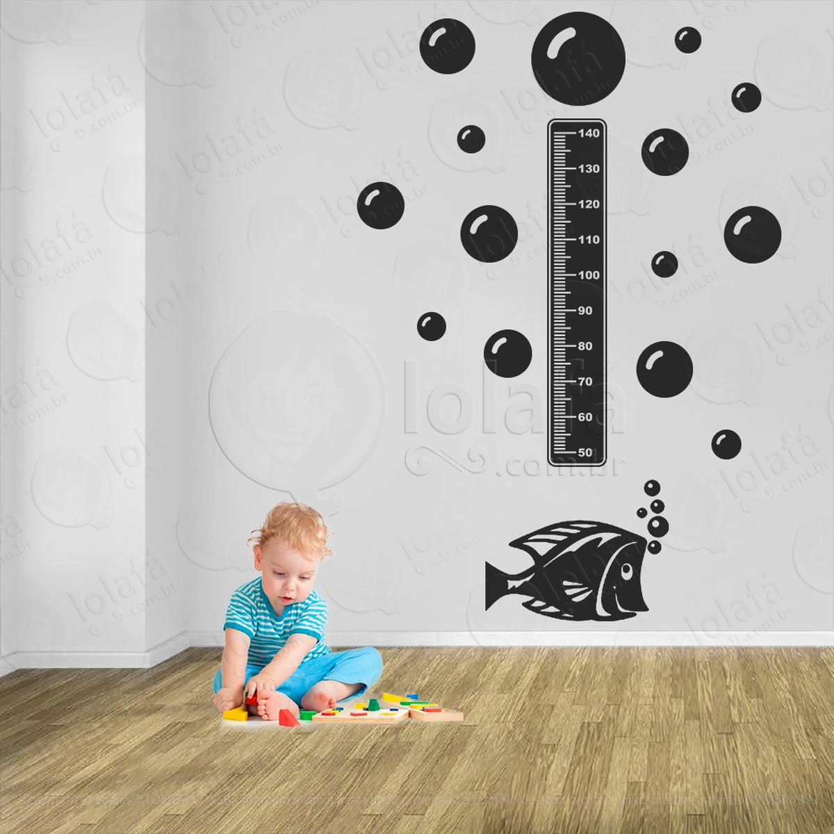 peixe e bolhas adesivo régua de crescimento infantil, medidor de altura para quarto, porta e parede - mod:169