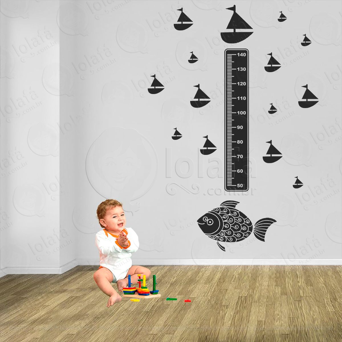 peixe e barcos adesivo régua de crescimento infantil, medidor de altura para quarto, porta e parede - mod:176