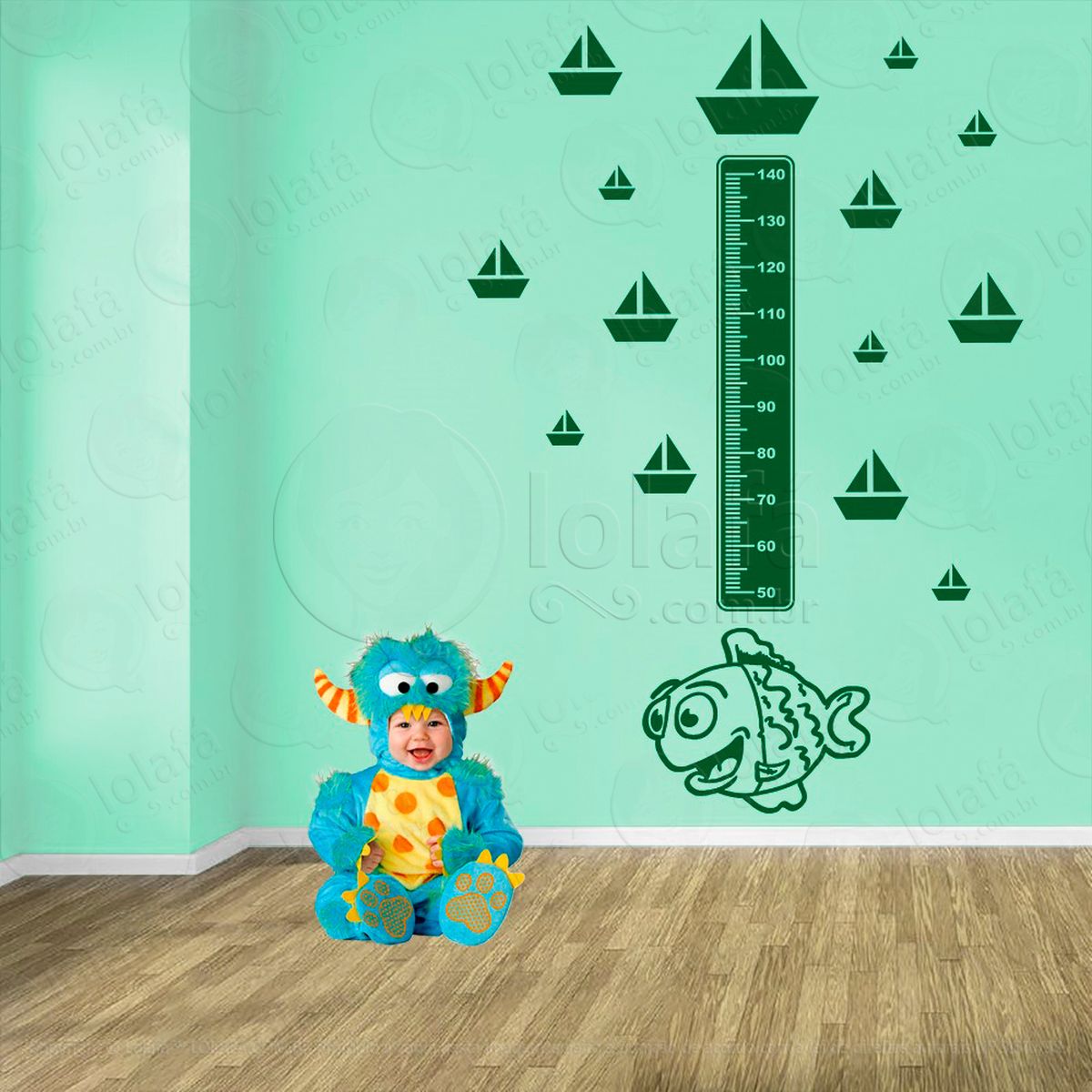 peixe e barcos adesivo régua de crescimento infantil, medidor de altura para quarto, porta e parede - mod:179