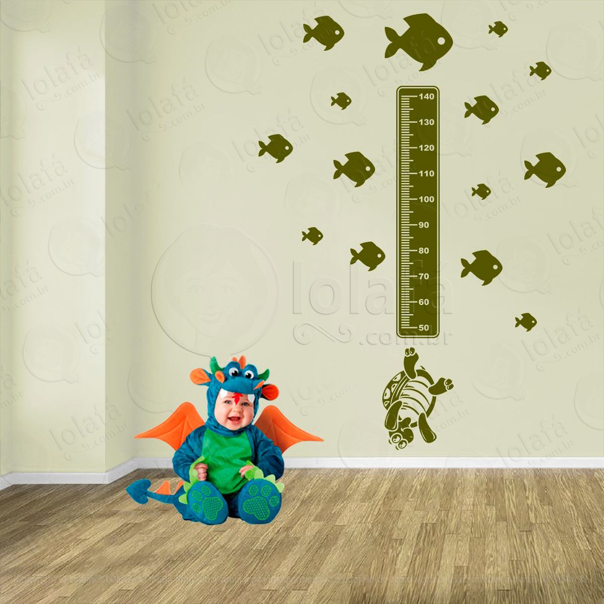 tartaruga e peixes adesivo régua de crescimento infantil, medidor de altura para quarto, porta e parede - mod:205