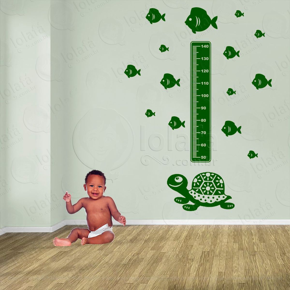tartaruga e peixes adesivo régua de crescimento infantil, medidor de altura para quarto, porta e parede - mod:207