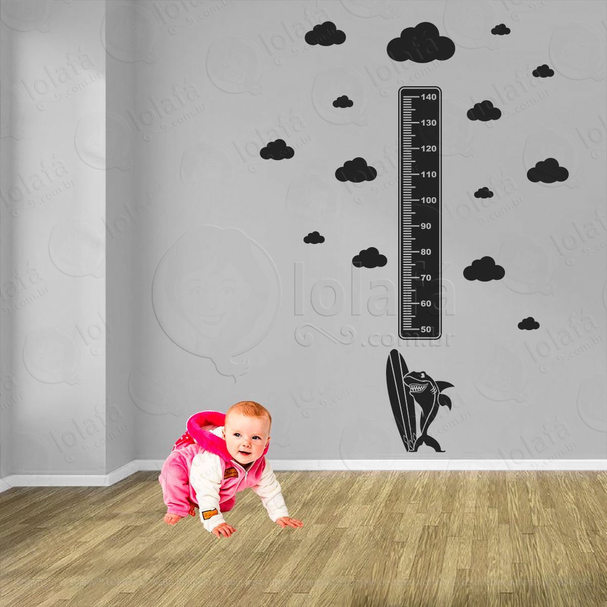 tubarão e nuvens adesivo régua de crescimento infantil, medidor de altura para quarto, porta e parede - mod:208