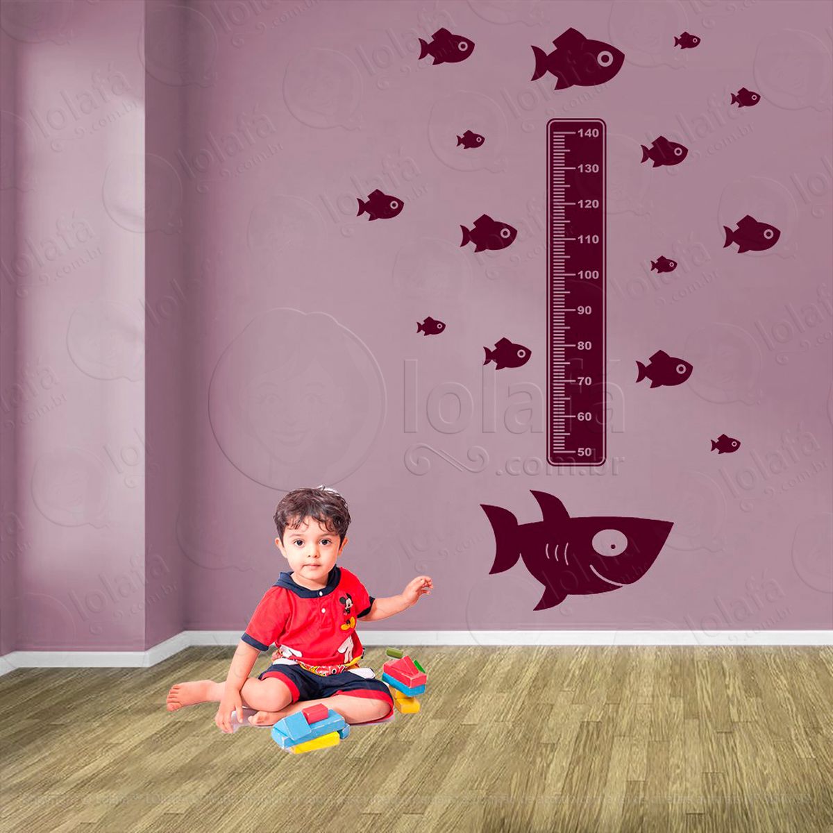 tubarão e peixes adesivo régua de crescimento infantil, medidor de altura para quarto, porta e parede - mod:213