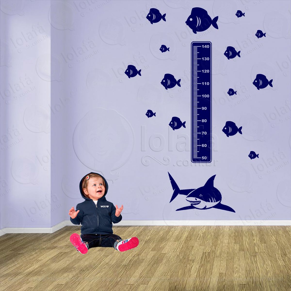 tubarão e peixes adesivo régua de crescimento infantil, medidor de altura para quarto, porta e parede - mod:215