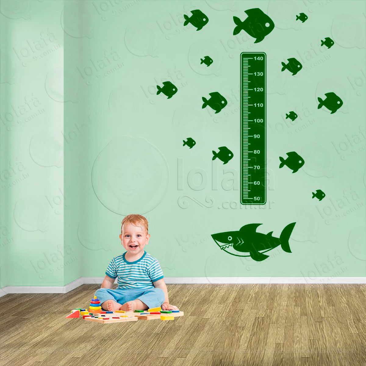 tubarão e peixes adesivo régua de crescimento infantil, medidor de altura para quarto, porta e parede - mod:218