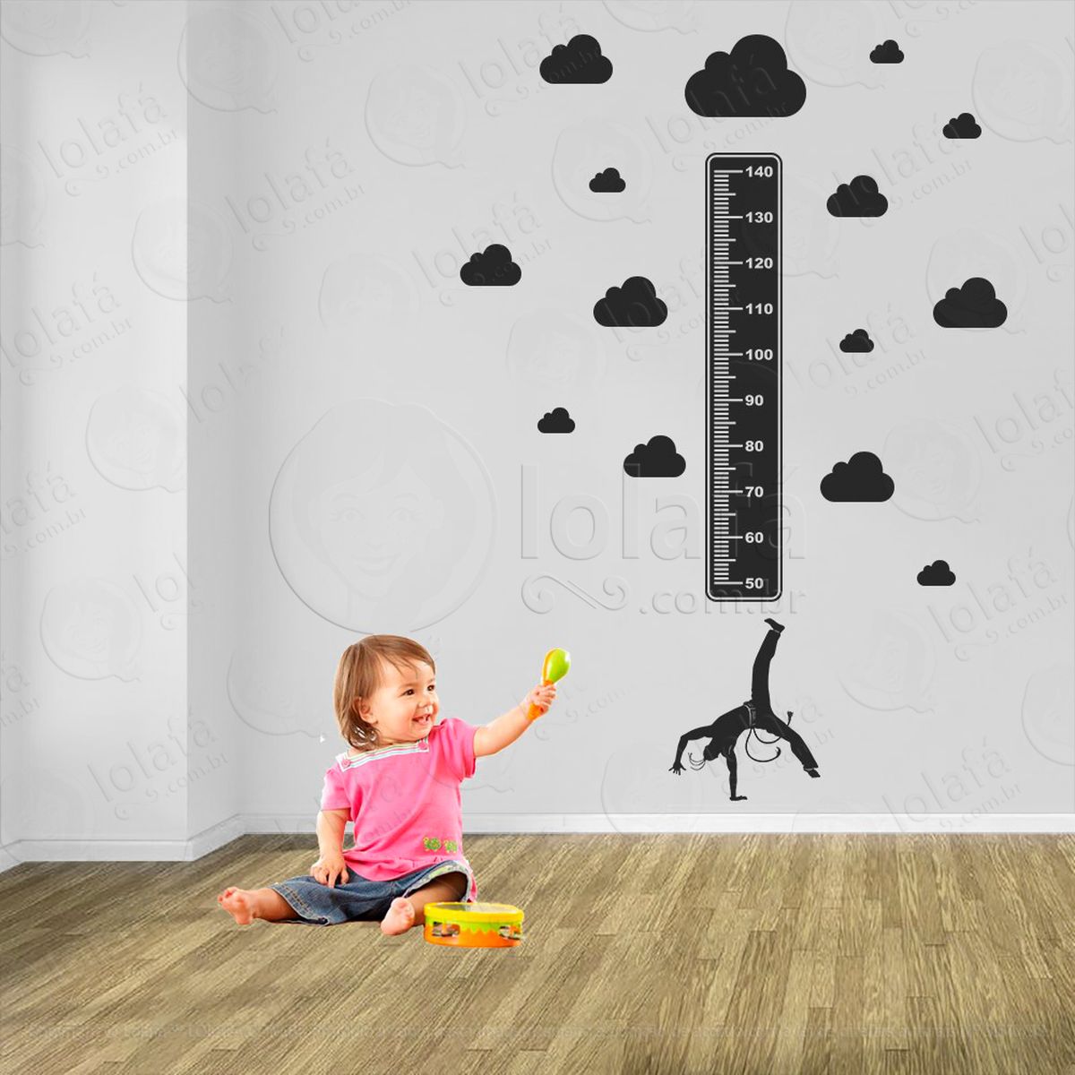 capoeira e nuvens adesivo régua de crescimento infantil, medidor de altura para quarto, porta e parede - mod:296