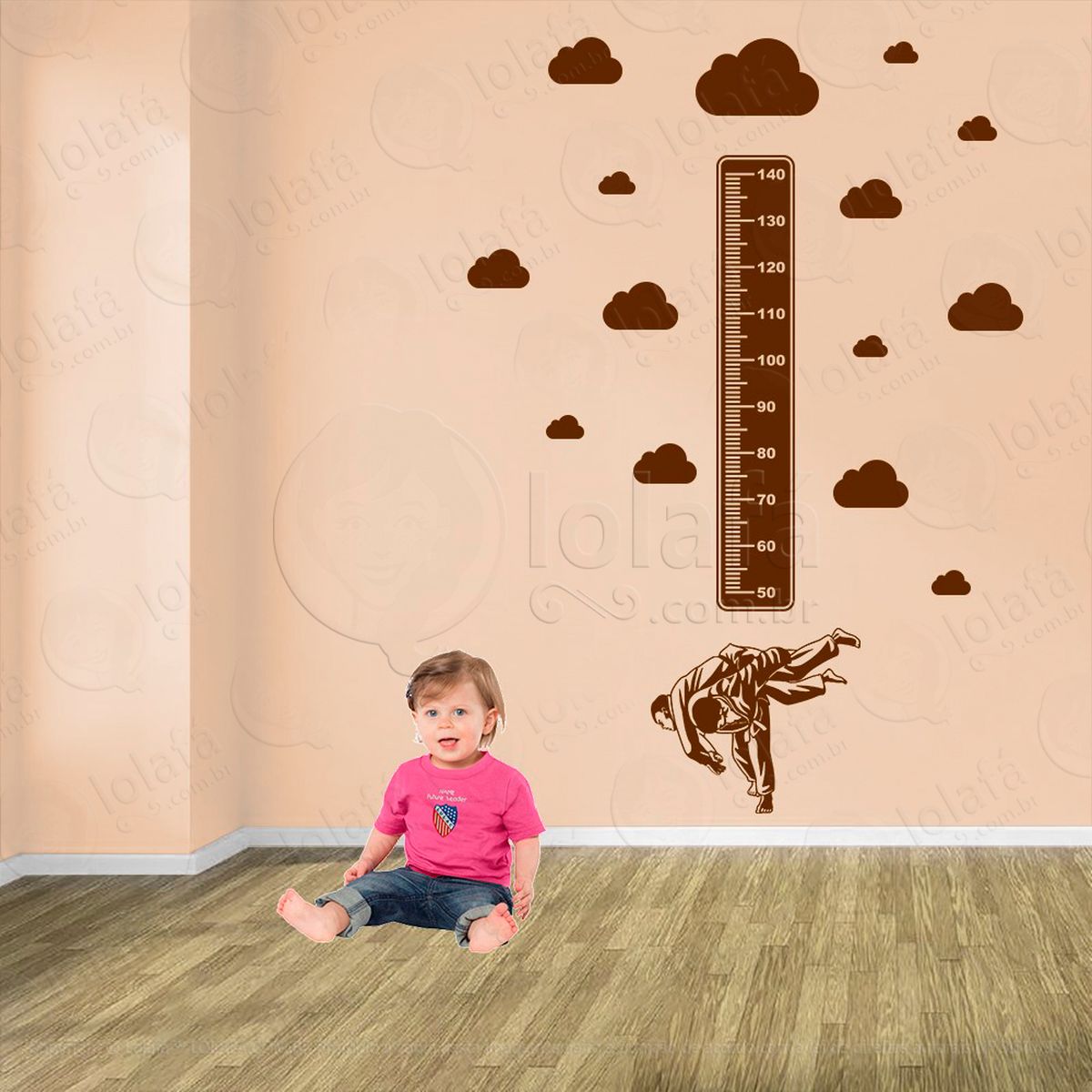 judô e nuvens adesivo régua de crescimento infantil, medidor de altura para quarto, porta e parede - mod:358