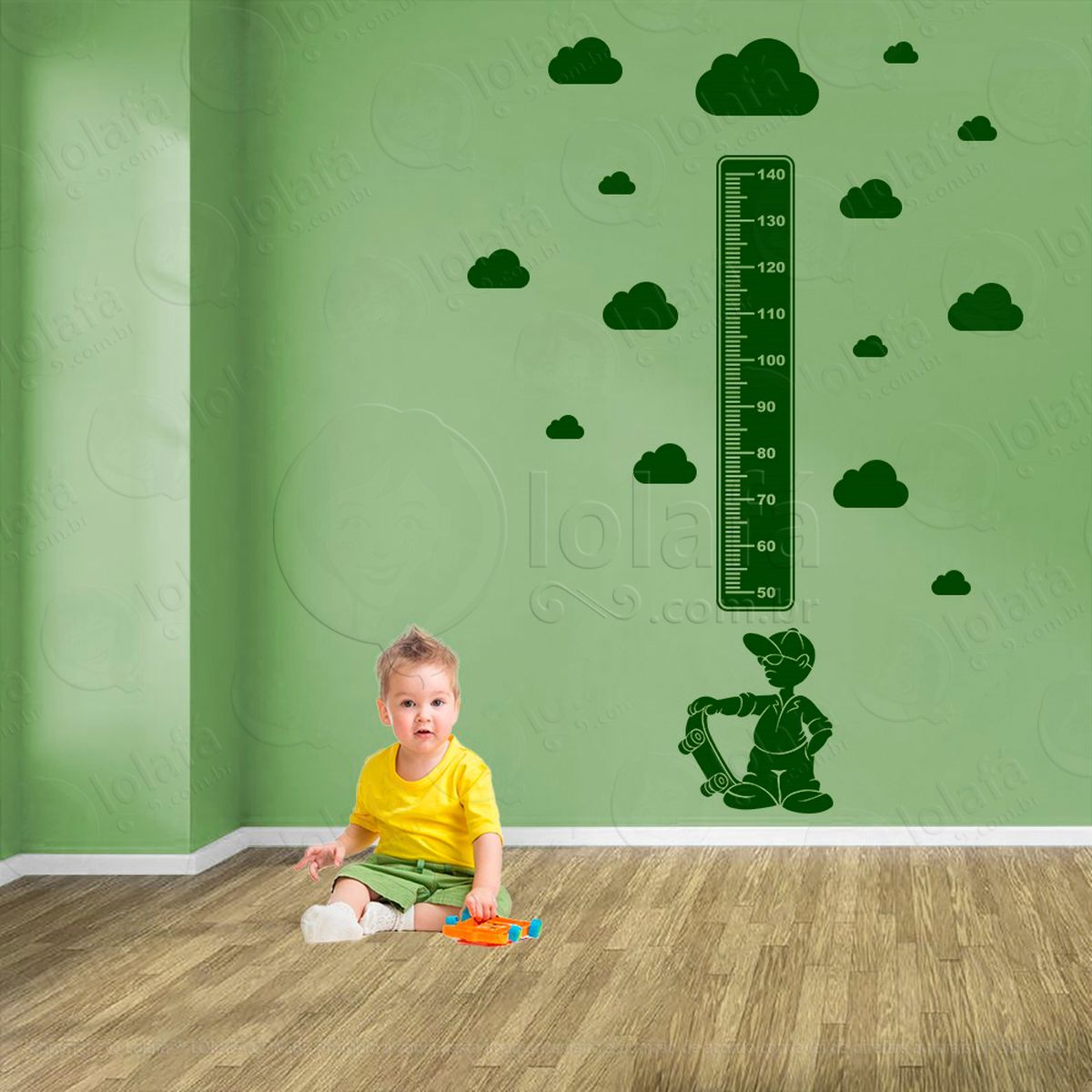 skate e nuvens adesivo régua de crescimento infantil, medidor de altura para quarto, porta e parede - mod:377