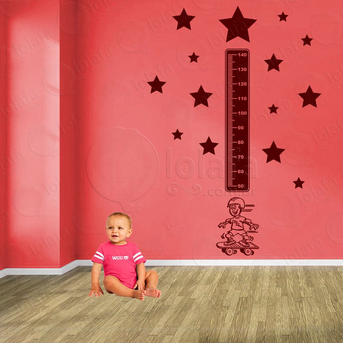 skate e estrelas adesivo régua de crescimento infantil, medidor de altura para quarto, porta e parede - mod:380