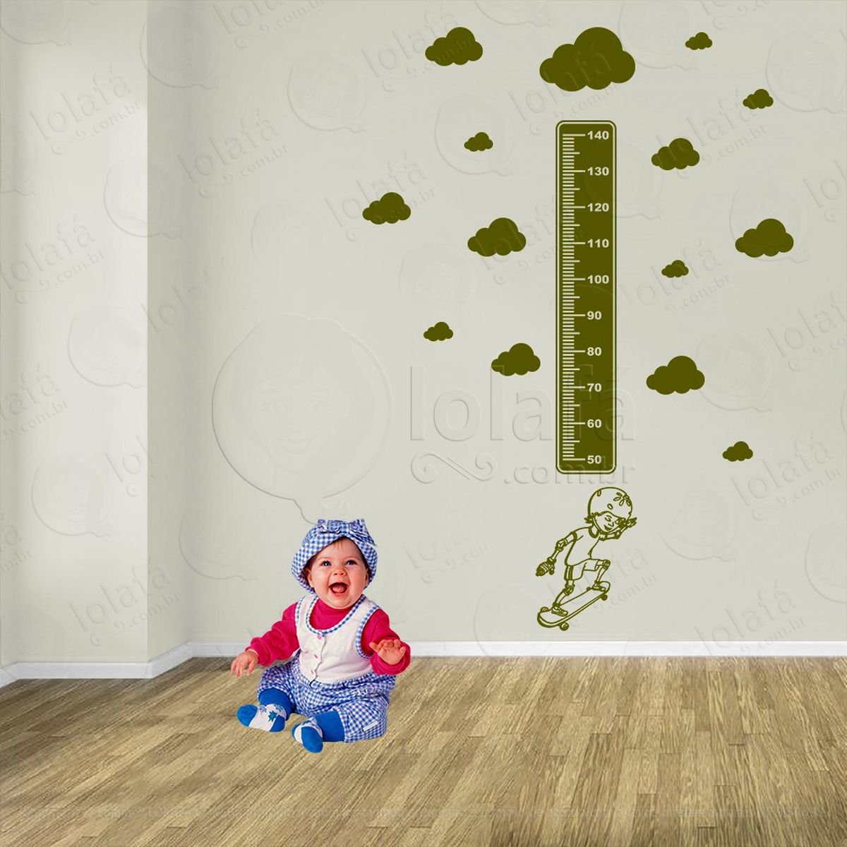 skate e nuvens adesivo régua de crescimento infantil, medidor de altura para quarto, porta e parede - mod:381