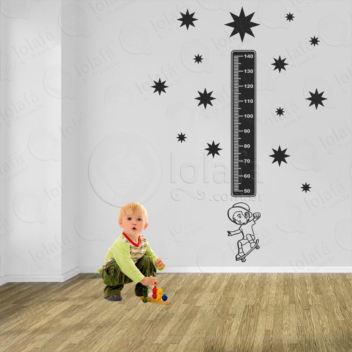skate e estrelas adesivo régua de crescimento infantil, medidor de altura para quarto, porta e parede - mod:382