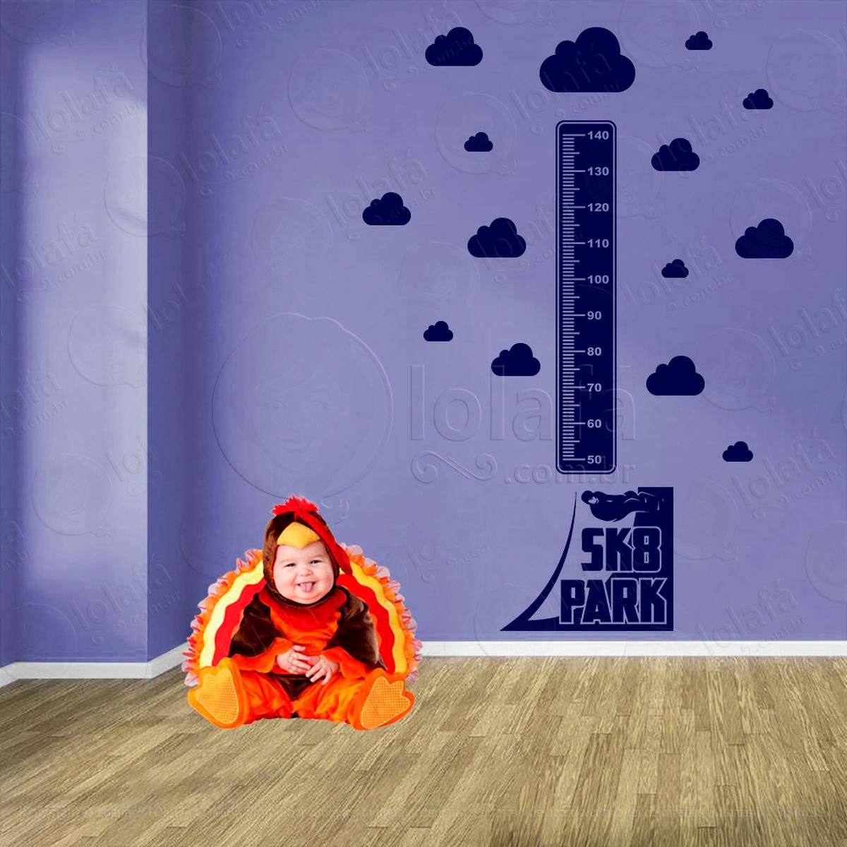 skate e nuvens adesivo régua de crescimento infantil, medidor de altura para quarto, porta e parede - mod:383