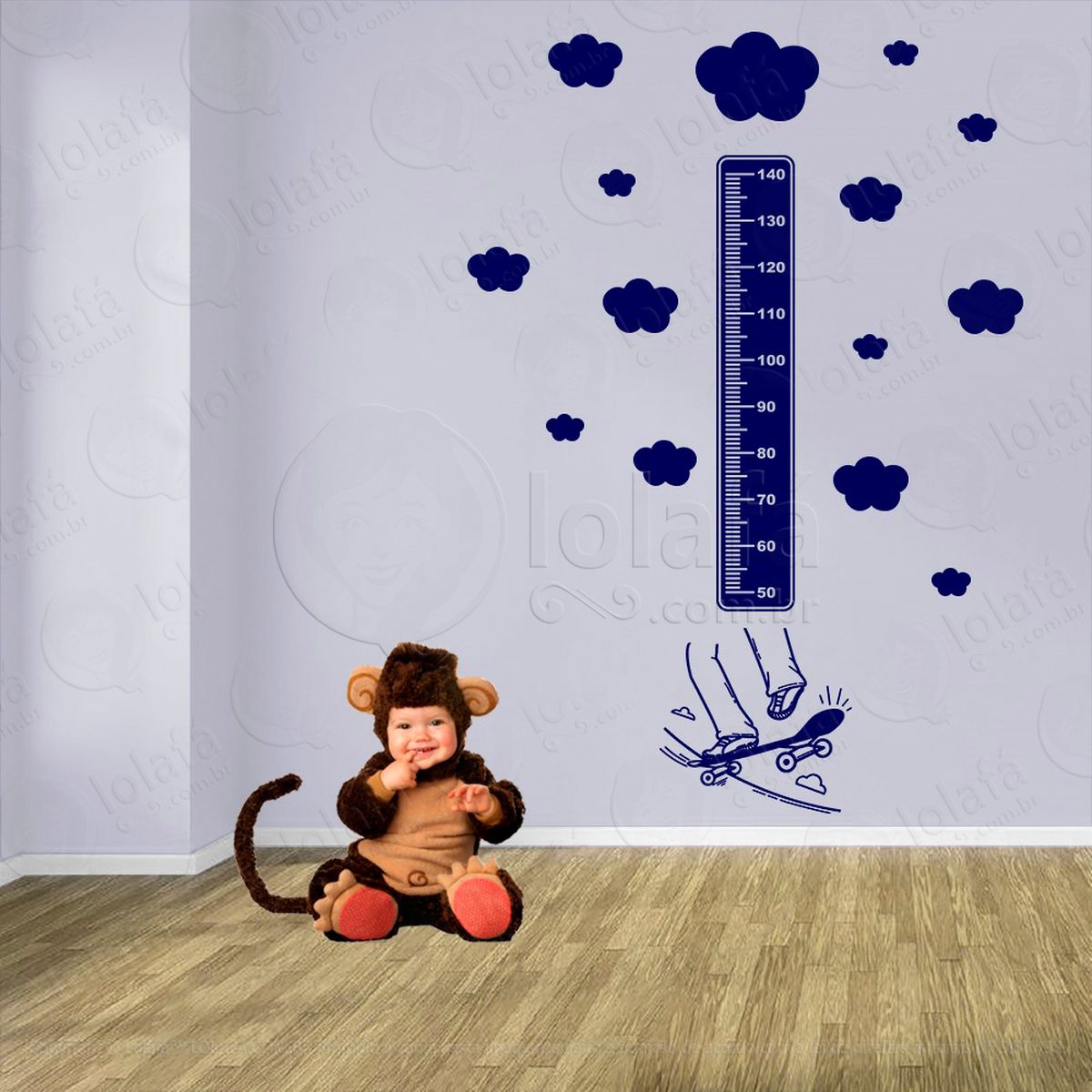 skate e nuvens adesivo régua de crescimento infantil, medidor de altura para quarto, porta e parede - mod:385