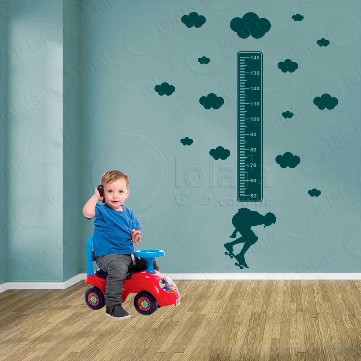 skate e nuvens adesivo régua de crescimento infantil, medidor de altura para quarto, porta e parede - mod:387
