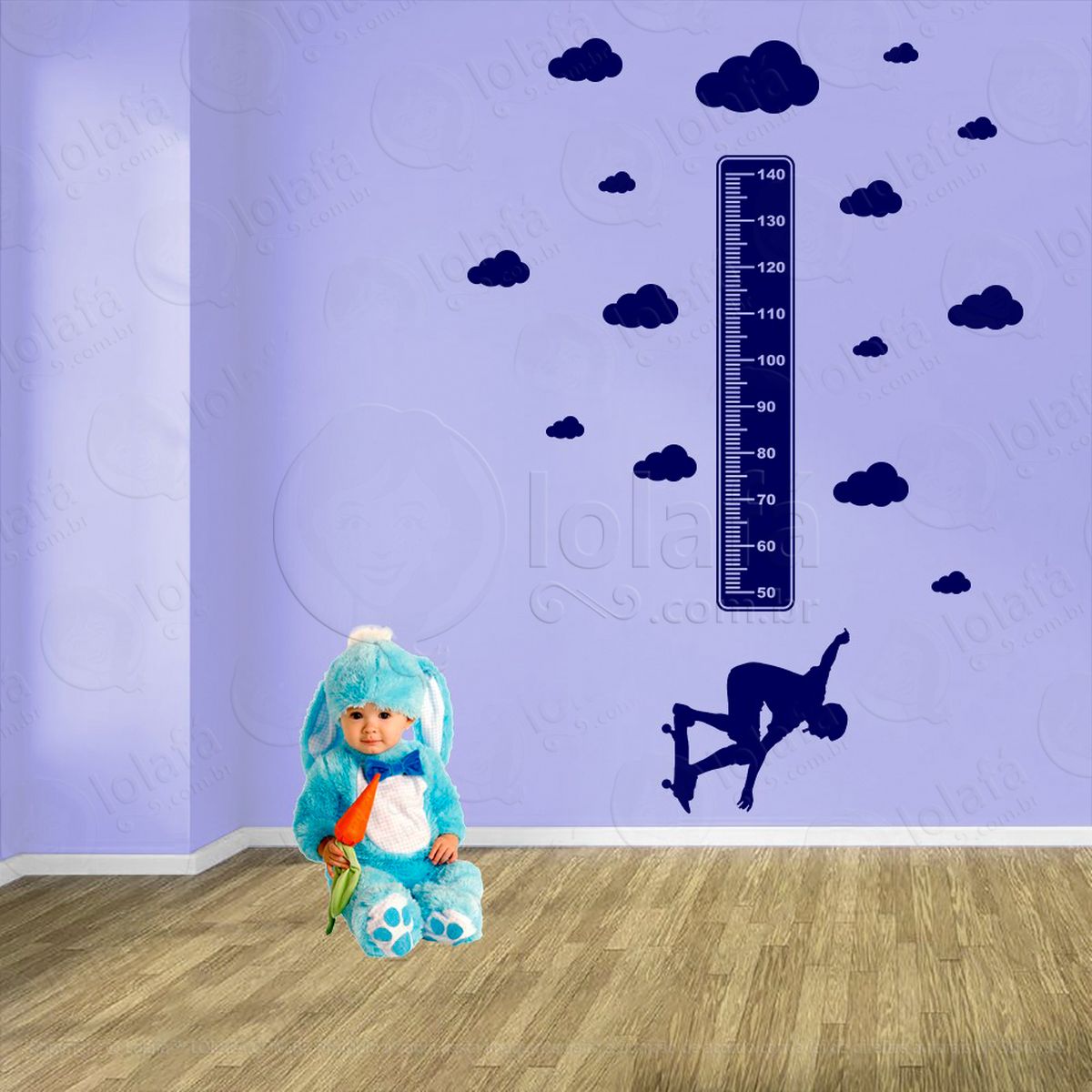 skate e nuvens adesivo régua de crescimento infantil, medidor de altura para quarto, porta e parede - mod:389