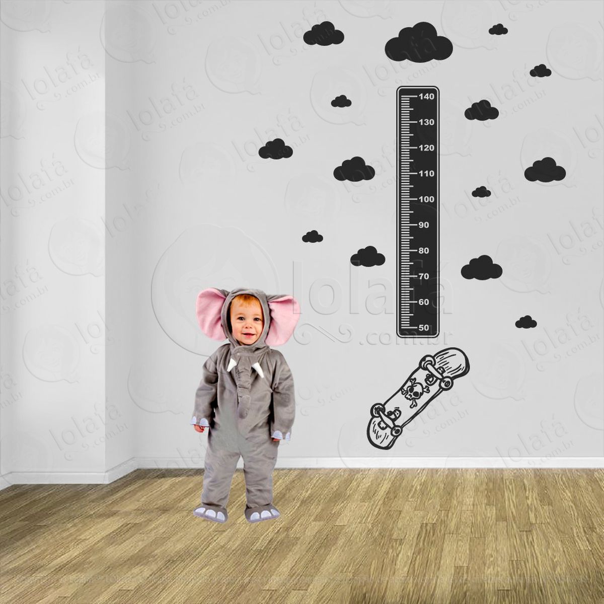 skate e nuvens adesivo régua de crescimento infantil, medidor de altura para quarto, porta e parede - mod:391