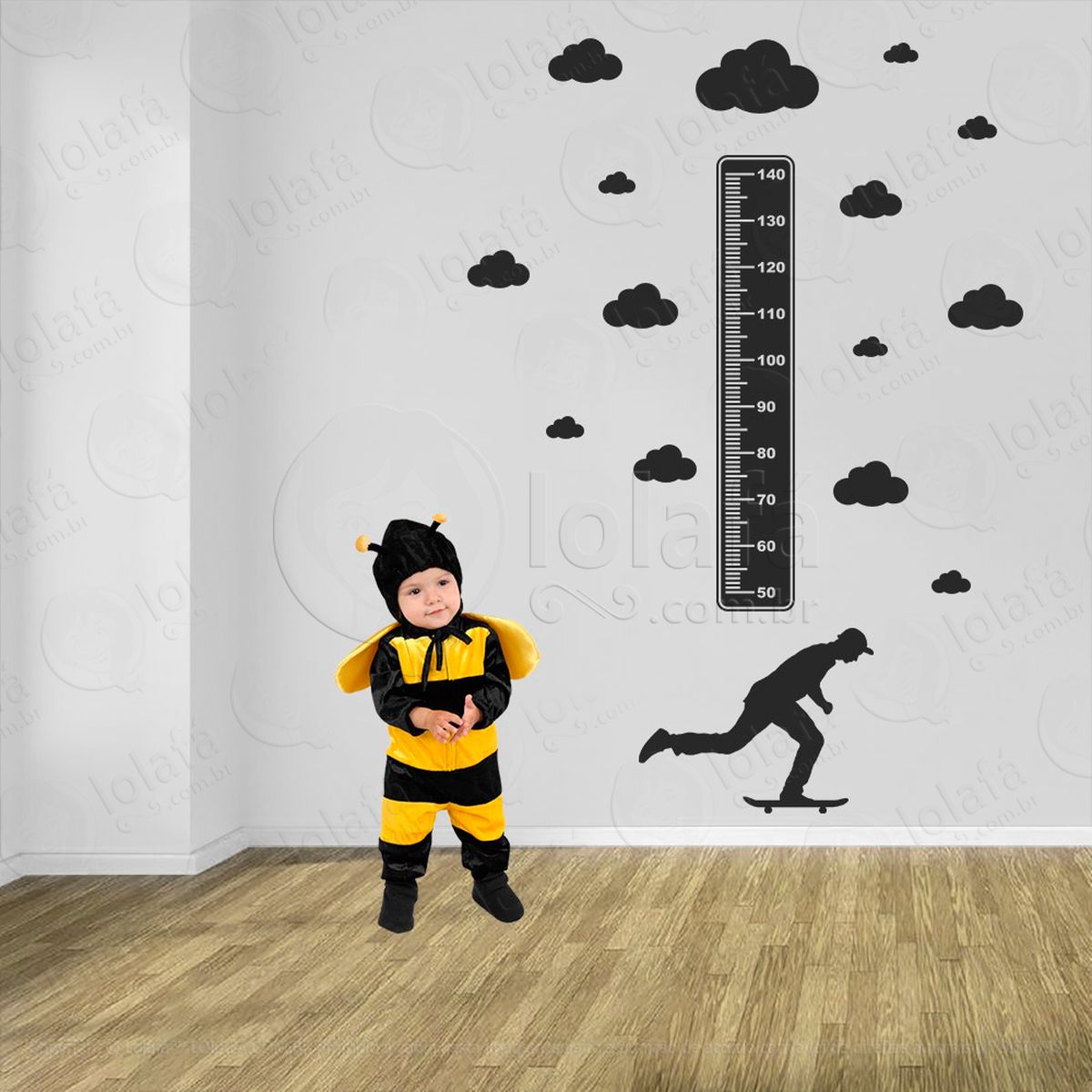 skate e nuvens adesivo régua de crescimento infantil, medidor de altura para quarto, porta e parede - mod:393