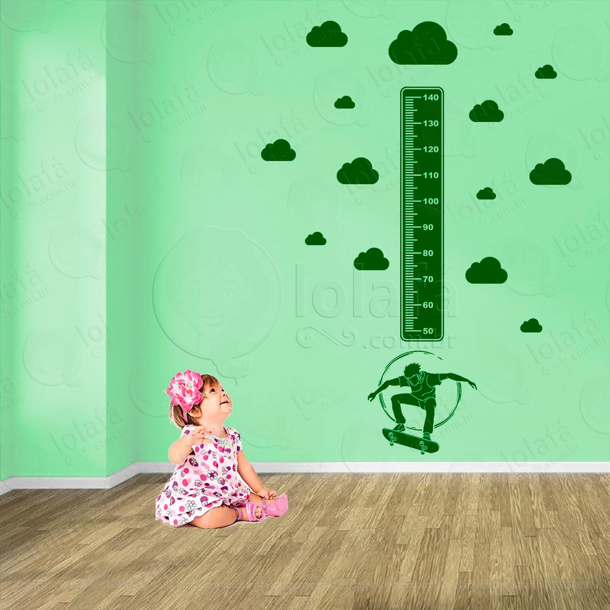 skate e nuvens adesivo régua de crescimento infantil, medidor de altura para quarto, porta e parede - mod:395