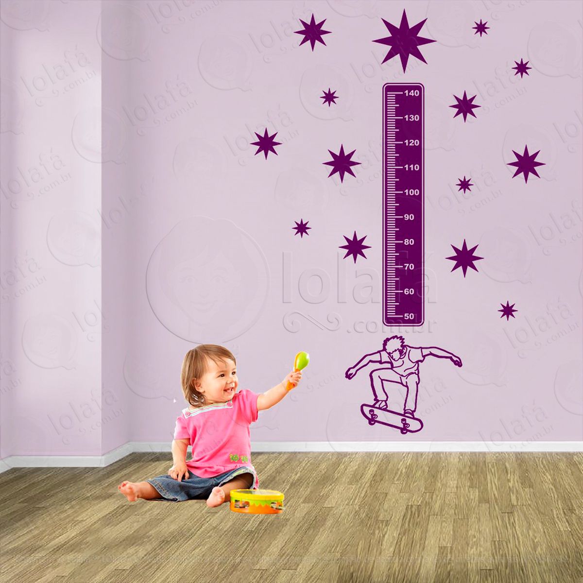 skate e estrelas adesivo régua de crescimento infantil, medidor de altura para quarto, porta e parede - mod:396