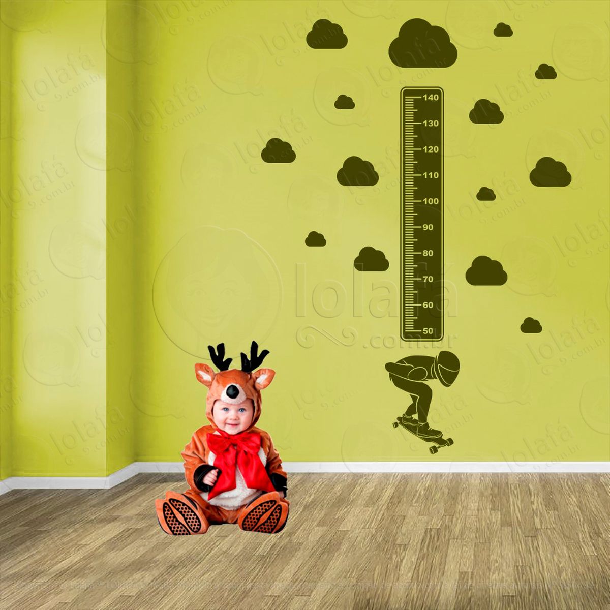 skate e nuvens adesivo régua de crescimento infantil, medidor de altura para quarto, porta e parede - mod:397