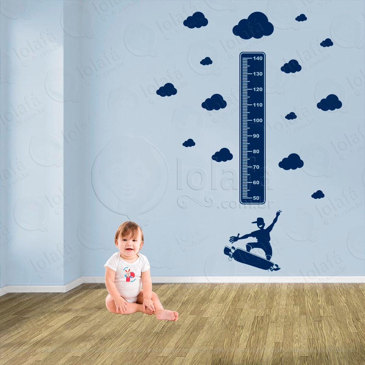 skate e nuvens adesivo régua de crescimento infantil, medidor de altura para quarto, porta e parede - mod:399