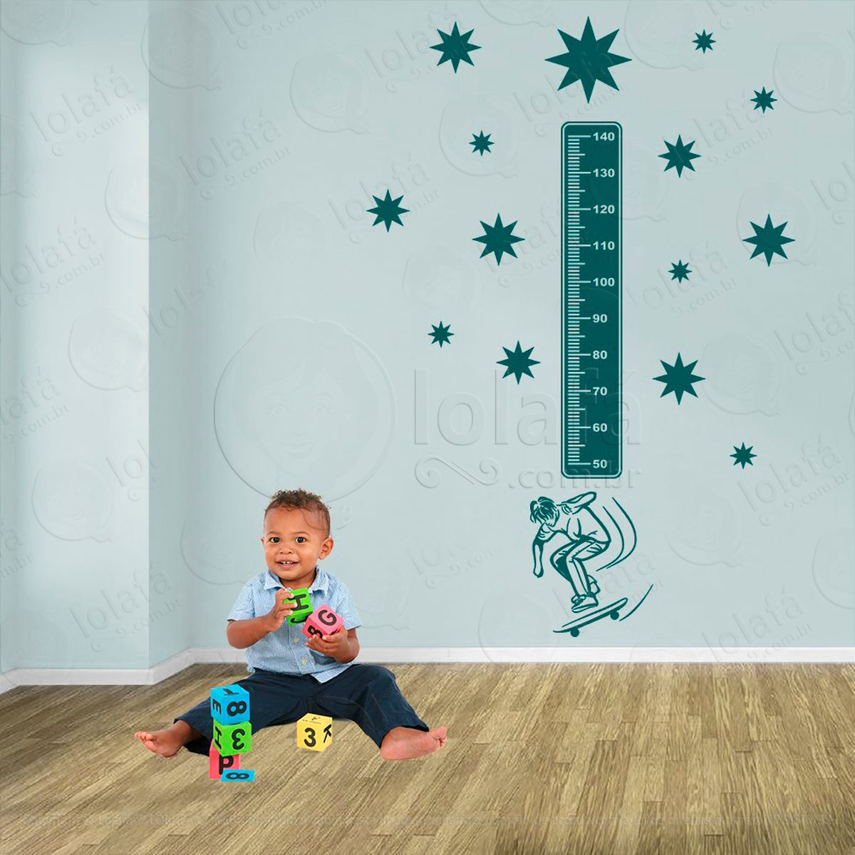 skate e estrelas adesivo régua de crescimento infantil, medidor de altura para quarto, porta e parede - mod:400