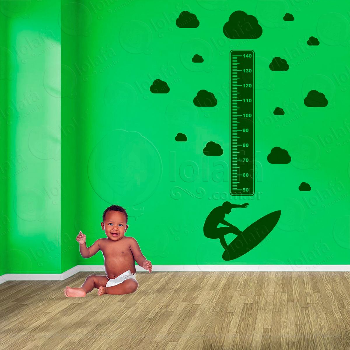 surf e nuvens adesivo régua de crescimento infantil, medidor de altura para quarto, porta e parede - mod:407