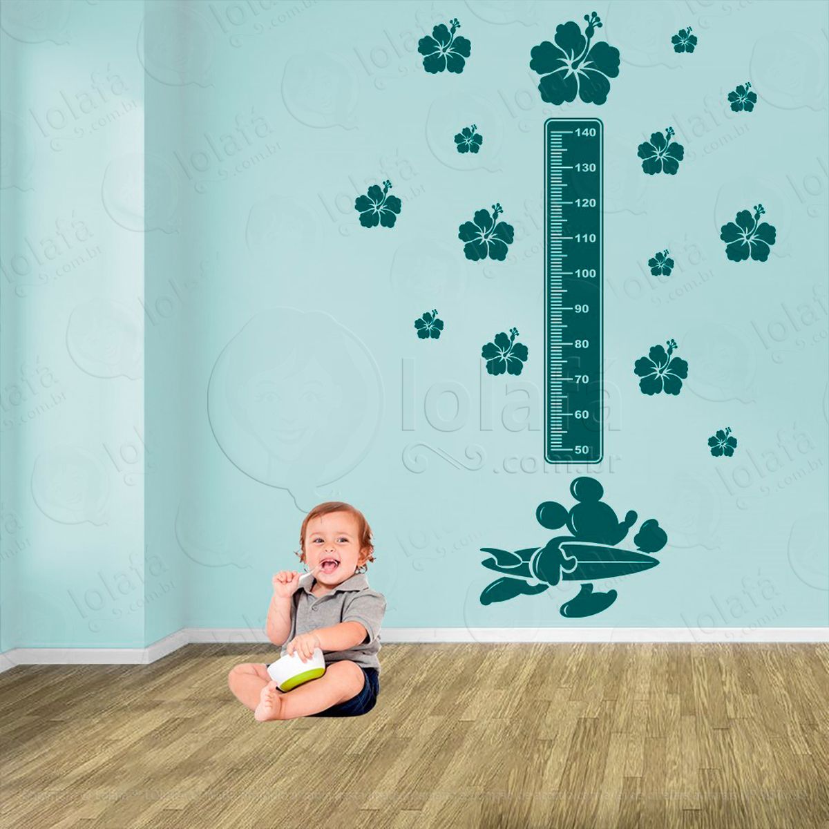 surf e flores adesivo régua de crescimento infantil, medidor de altura para quarto, porta e parede - mod:412