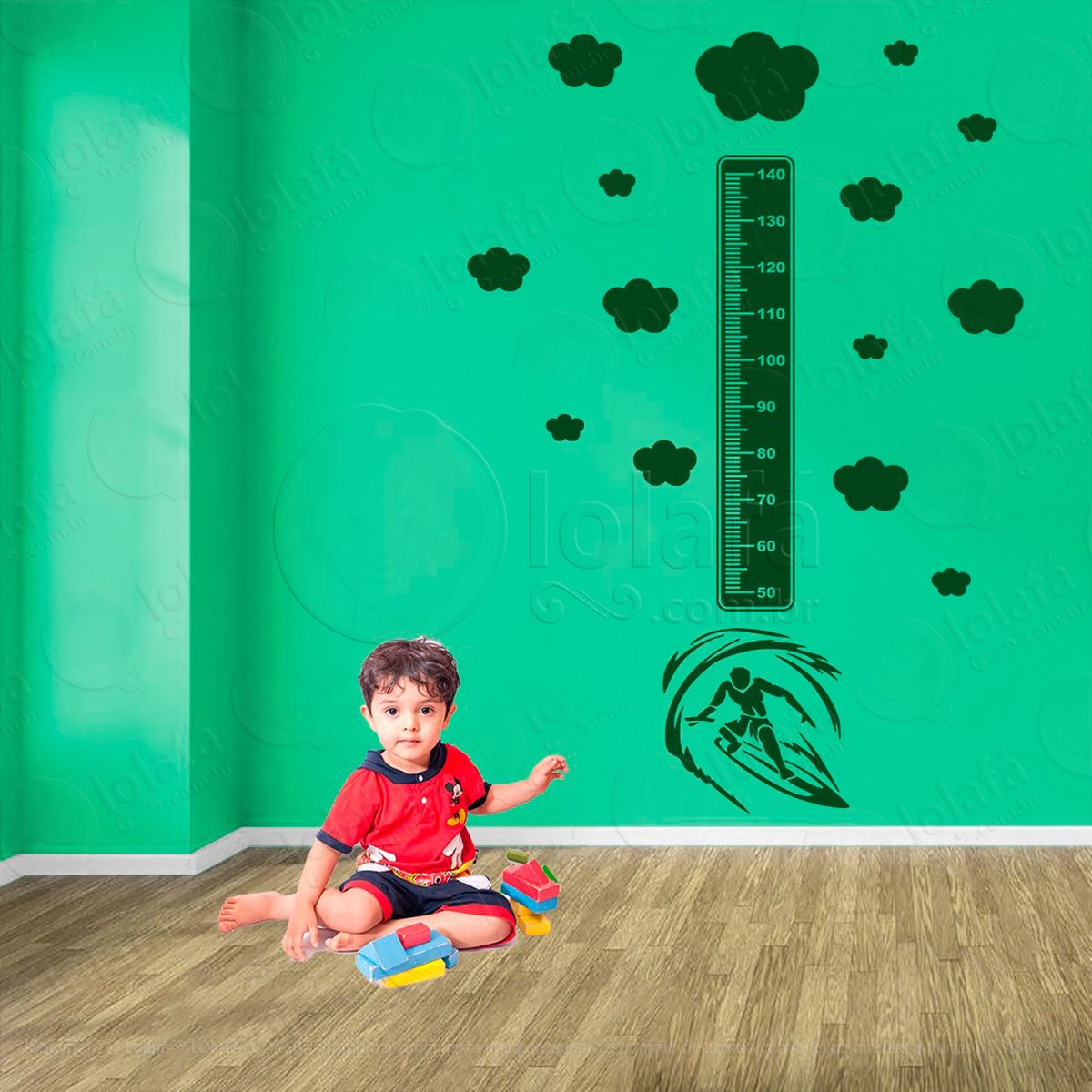 surf e nuvens adesivo régua de crescimento infantil, medidor de altura para quarto, porta e parede - mod:413
