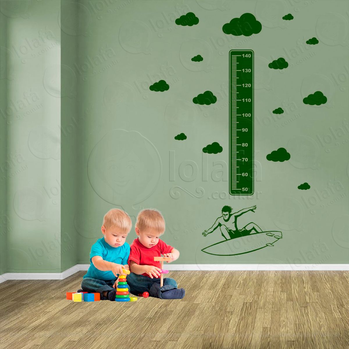 surf e nuvens adesivo régua de crescimento infantil, medidor de altura para quarto, porta e parede - mod:417