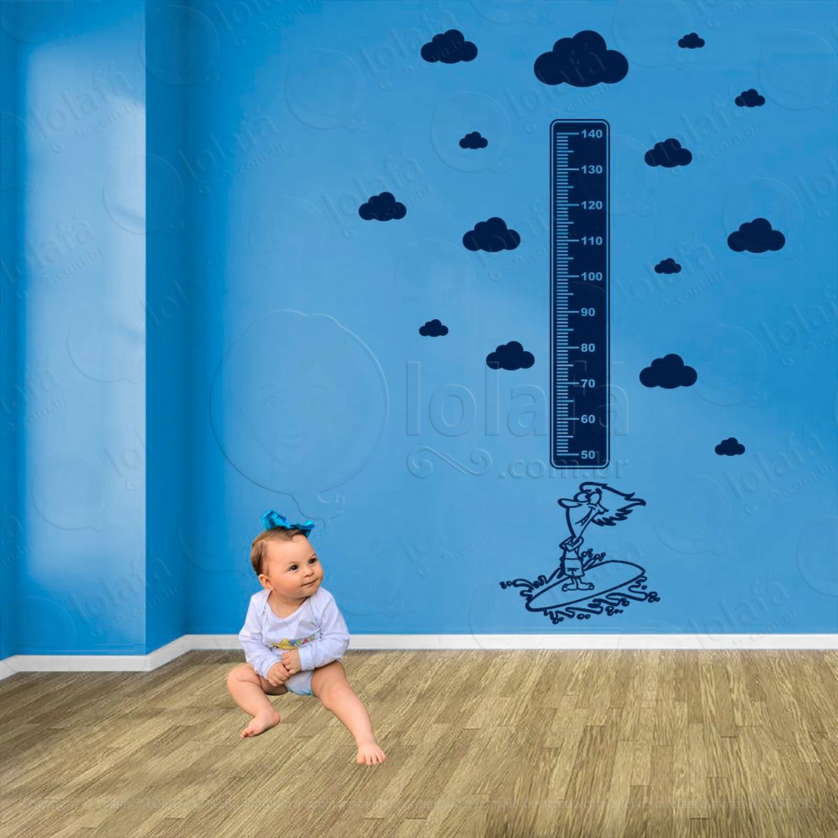 surf e nuvens adesivo régua de crescimento infantil, medidor de altura para quarto, porta e parede - mod:419